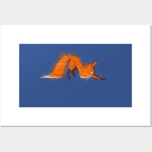 Fox yawning painting lineart blue Posters and Art